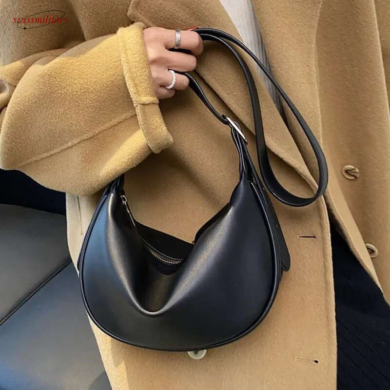 2024 New Fashion Women's Hobos Sac Soft Leather Shoulder Messenger Bags for Women Wide Female Half Moon Purse and Handbags Brand swissmilitary