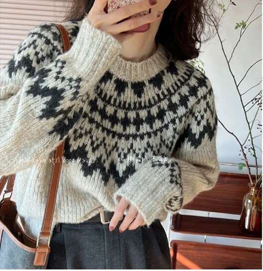Vintage Women Cashmere Sweater Winter Autumn Long Sleeve Knitted Pullover Gray Soft Jumper Wool Knitwear All Match X410