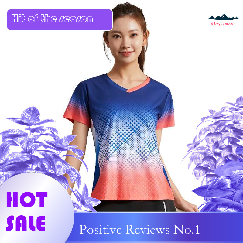 Ddmyoutdoor China Domestic Fashion Gradient Check Print T Shirt Women Badminton Table Tennis Training Summer Tops Casual V Neck Sports Short Sleeves