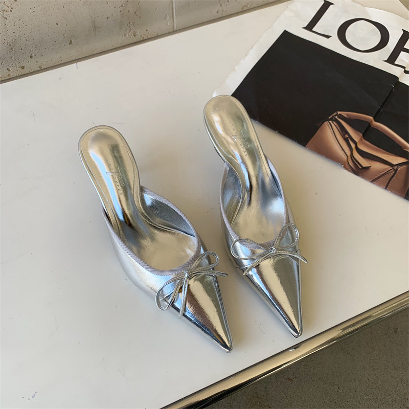 Designer Butterfly-knot Pointed Toe Mules Slipper For Women Fashion Shallow Thin High Heels Female Shoes EU35-39