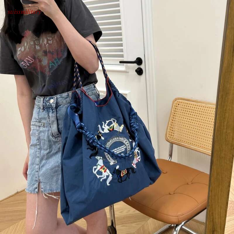2025 Knit Large Capacity Crossbody Single Shoulder Ball Chain Embroidery Handbag Leisure Bag Student Nylon Canvas Commuting Shopping swissmilitary