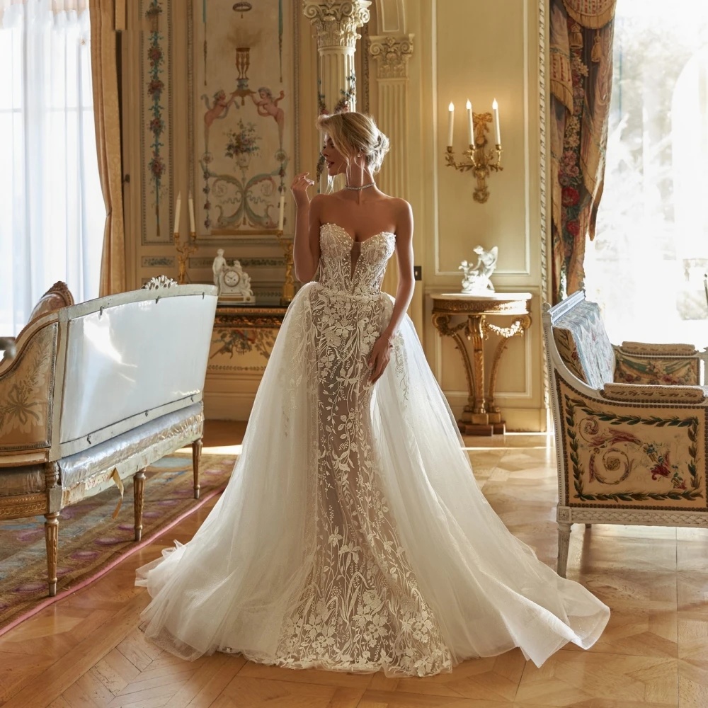 Mermaid Wedding Dresses For Women Sweetheart Neck Sleeveless Gown Lace Pearls Beaded Detachable Train Customized Dress