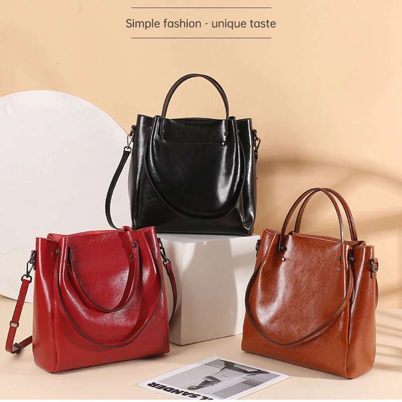 100% Genuine Leather Women Tote Bag Large Capacity High Quality Cowhide Women's Shoulder Bags Wrinkled Opening Fashion Handbag