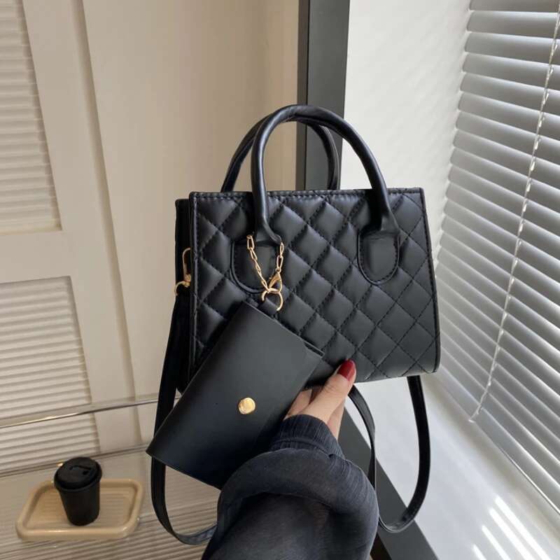 PU Solid Dia Grid Handbag With Wide Strap And Single Shoulder Crossbody Bag