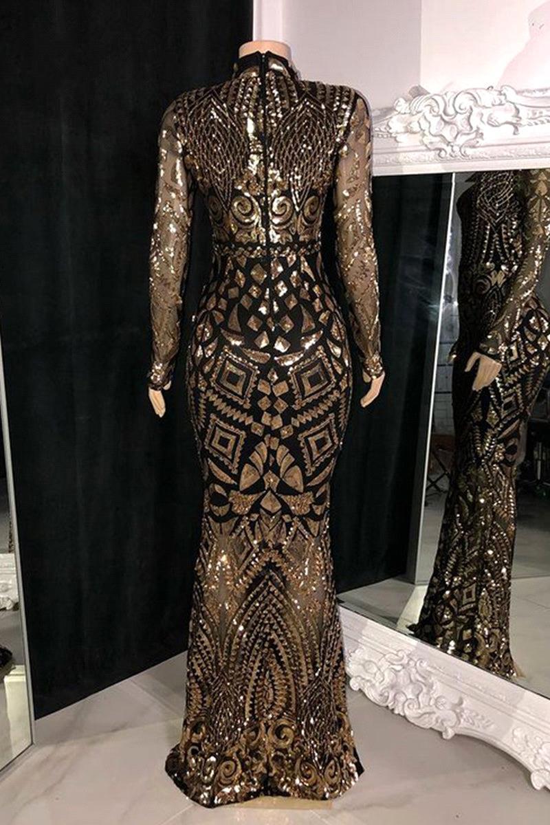 Vintage Black Gold Long Sleeves Lace Sequined Prom Dresses High Neck Mermaid Women Formal Evening Party Gowns Bc20008 B0313