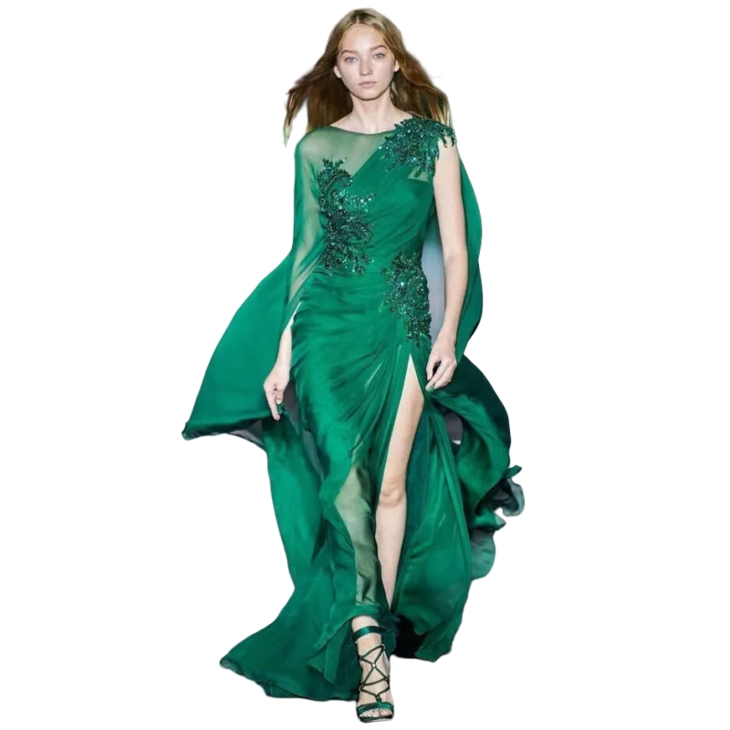 Modern Emerald Green Prom Dresses Side Split Sexy Chiffon Evening Gowns Capped Wrap Beaded Lace Appliques Long Special Occasion Dress For Women 2025