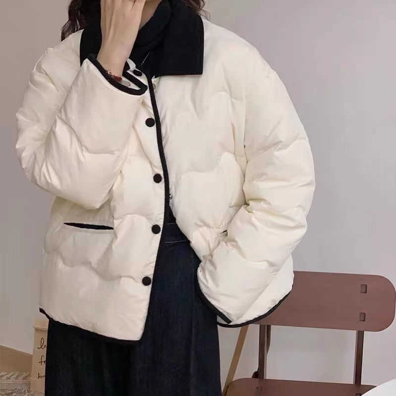 Cotton Jacket Womens Short Design With Striped Plush Contrasting Color Lapel Loose Bread Jacket Winter College Style Jacket Cotton Jacket Women Jacket