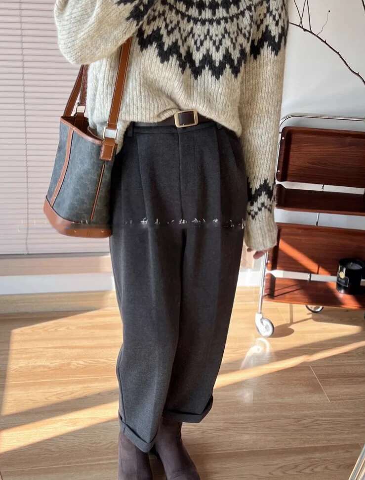 Vintage Women Cashmere Sweater Winter Autumn Long Sleeve Knitted Pullover Gray Soft Jumper Wool Knitwear All Match X410
