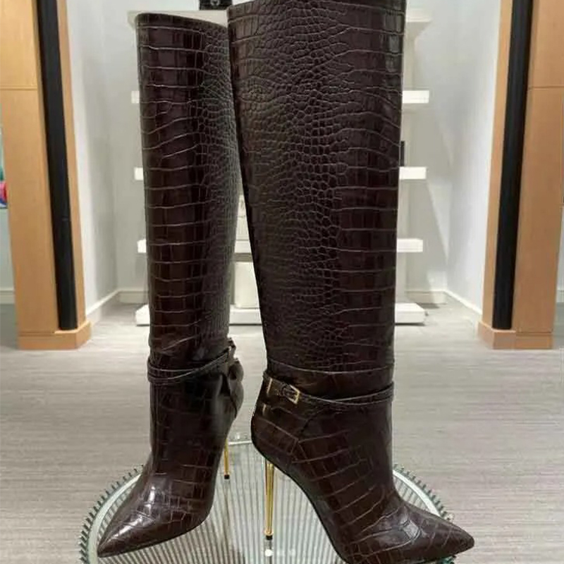 Women's designer tall Boots Leather knee high boot gold Stiletto Heel point toe winter fashion dress shoes factory footwear with box size 35-43