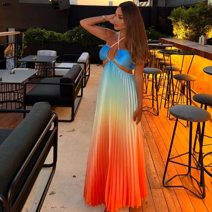 Fashion Gradient Holiday Dress Women Sexy Cut Out Backless Maxi Beach Dresses Summer Casual Loose Pleated Bohemia Outfits 2024 250113