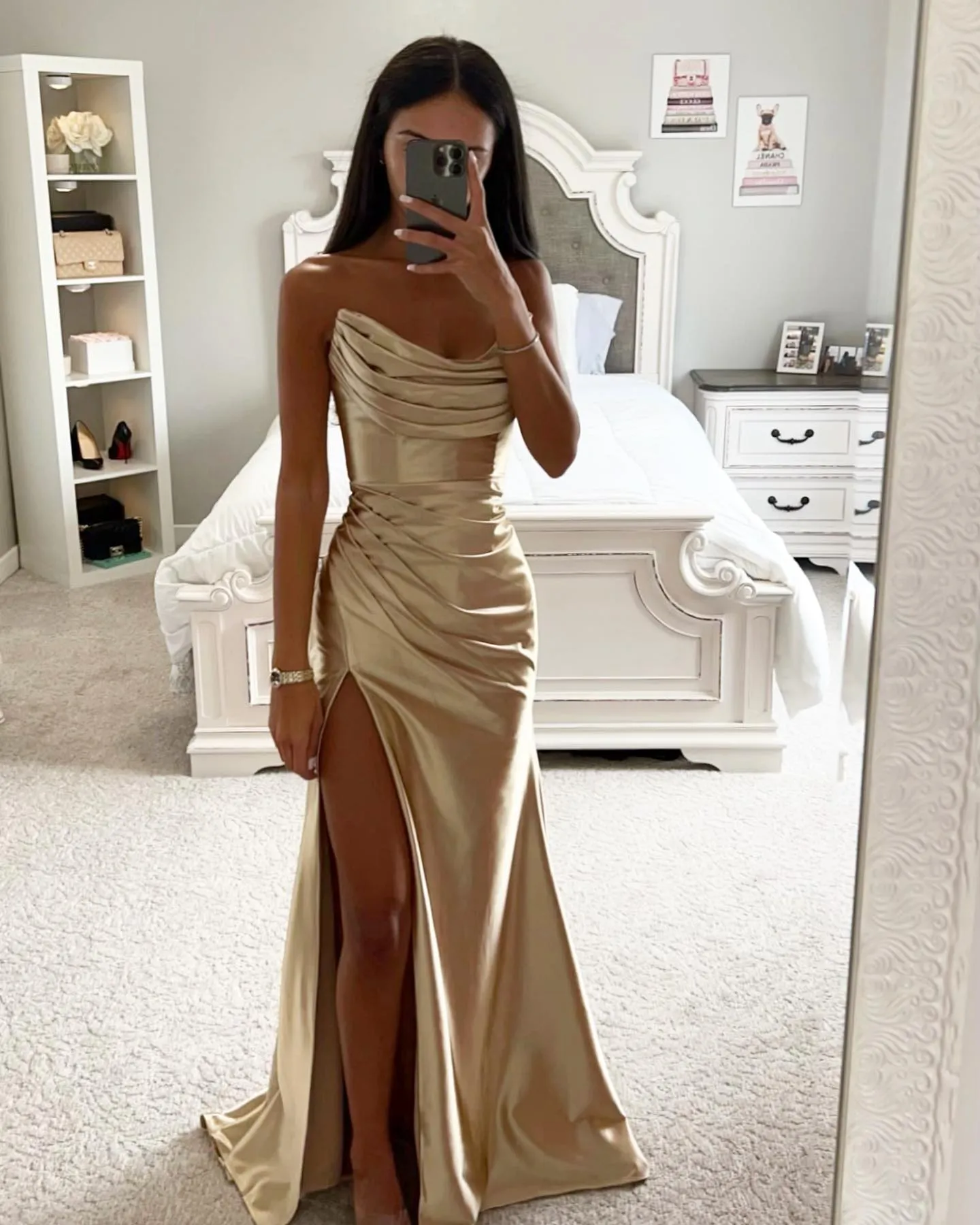 Sexy Champagne Gold Prom Dresses Strapless Evening Gowns Pleats Sheath Split Formal Red Carpet Long Special Occasion Party Birthday Celebrity Dress Cu