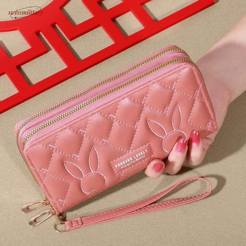 Trendy Solid Color Long Wallet, Double Zippers Clutch Coin Purse, Women's Faux Leather Card Holder With Wristband swissmilitary