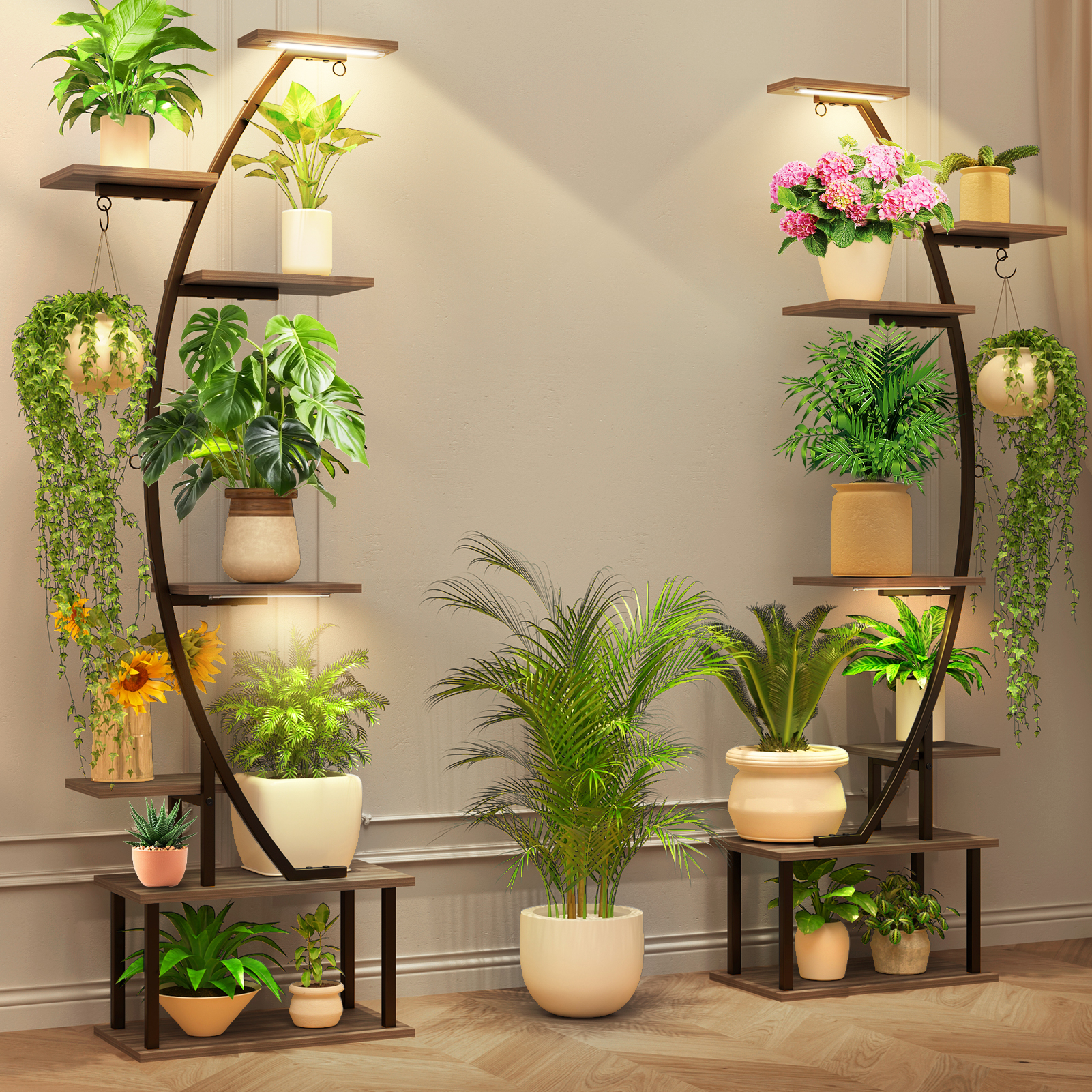 Plant Stand Indoor with Grow Lights 7 Tiered 66" Tall Metal Plants Shelf 3 Color Mode Full-spectrum LED Half-Moon Shaped for Living Room Patio We