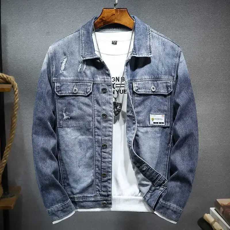Mens Jean Coats Blue Ripped Mens Denim Jacket Wide Shoulders with Hole Menswear Clothing Cheap Price Stylish Fashion of Fabric W250116