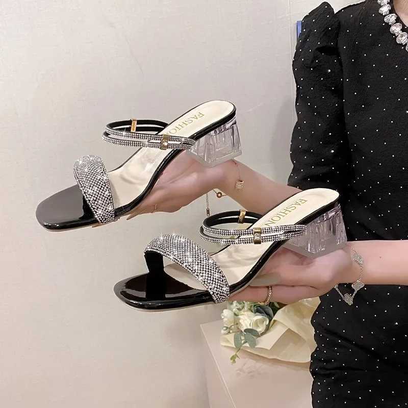 Shining gold Sier womens sandals summer 2024 crystal high heels party shoes womens comfortable thick high heels sliderXJ250407