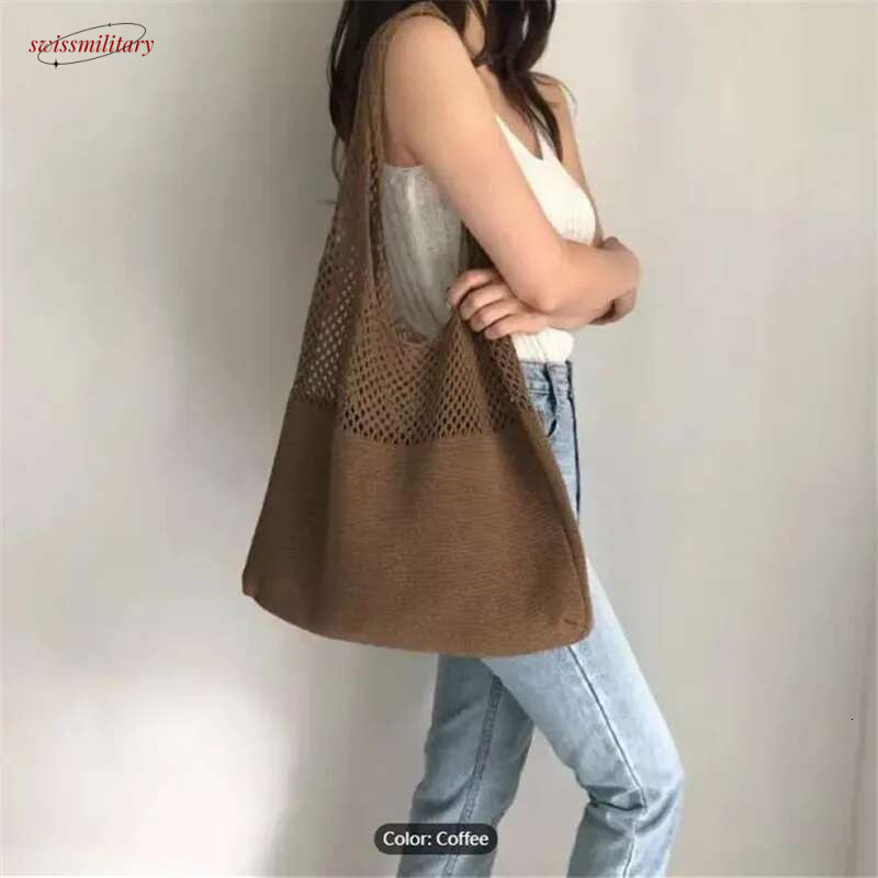 Aesthetic Hollow Out Crochet Large Capacity Shoulder Bag, Simple Knitted Tote Bag For Women swissmilitary