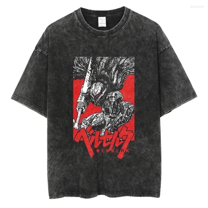 Men's T Shirts Berserk Print Shirt Men Vintage Washed T-Shirt Anime Guts Graphic Tshirt Hiphop Streetwear Tees Summer Casual Clothes