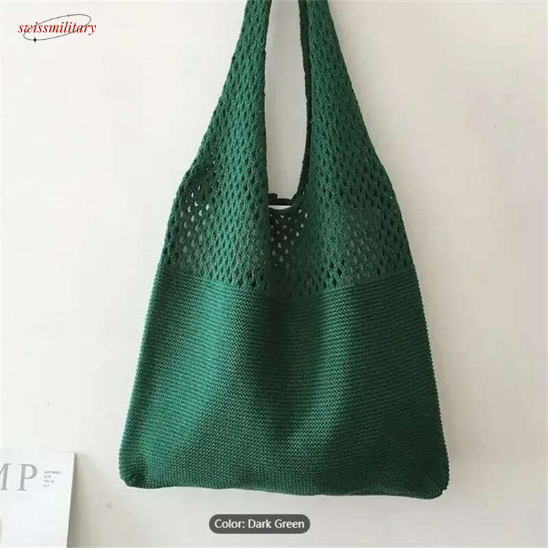 Aesthetic Hollow Out Crochet Large Capacity Shoulder Bag, Simple Knitted Tote Bag For Women swissmilitary