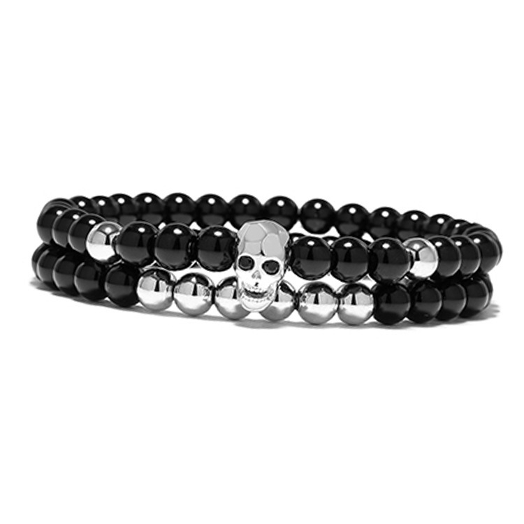 Black Energy Yoga Skull Charm Bracelet For Men Women Natural Stones Buddhist Strand Beads Bracelets Jewelry Cut face ghost diamond bracelet set