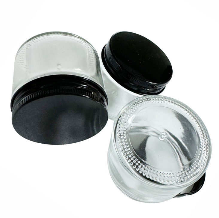 Glass Jar 60ML Clear Container Kitchen Storage Glass Jars Food Storage Containers Clear Glass Bottles Black Cover Custom Logo Stickers Label Welcome Aluminum Lids