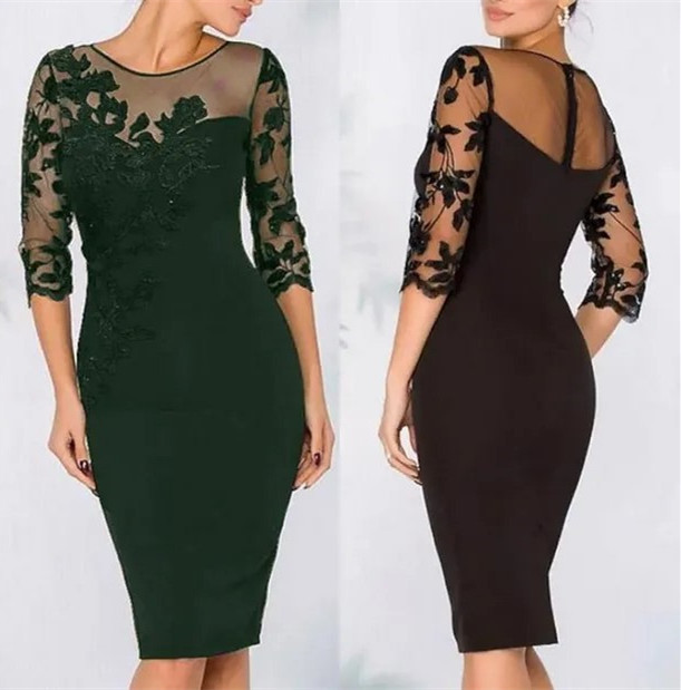 Elegant 3/4 Long Sleeves Lace Mother Sheer Crew Neck Applique Sheath Tea Length Formal Party Evening Dresses BC18846 0116