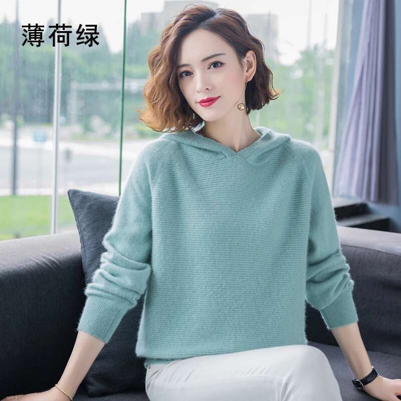 2024 Spring Winter 100%Pure Mink Cashmere Sweater Women Knitted Hooded Lady's Grade Up Jumpers And Pullovers Soft Warm Tops