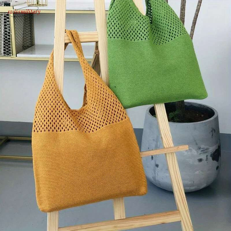 Aesthetic Hollow Out Crochet Large Capacity Shoulder Bag, Simple Knitted Tote Bag For Women swissmilitary