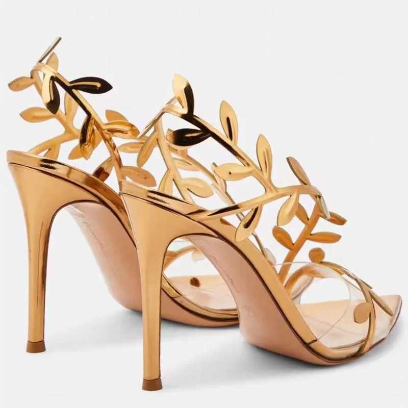 Gold High Heels Women 2024 Summer New Metal Patent Leather Leaf Thin Heel Pointed Open Toe SandalsXJ250116