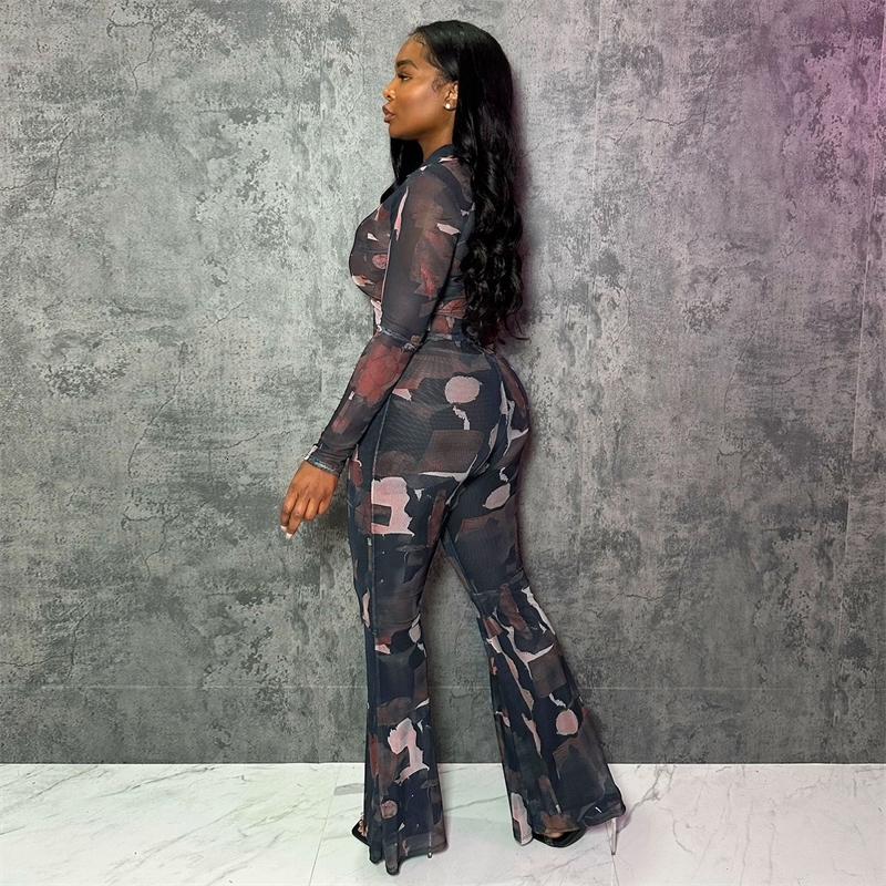 Women Tracksuits Two Pieces Set Designer 2025 New Fashion Sexy Single-layer Button Mesh Top Double-layer Micro Flared Pants Elastic Printed Mesh Set