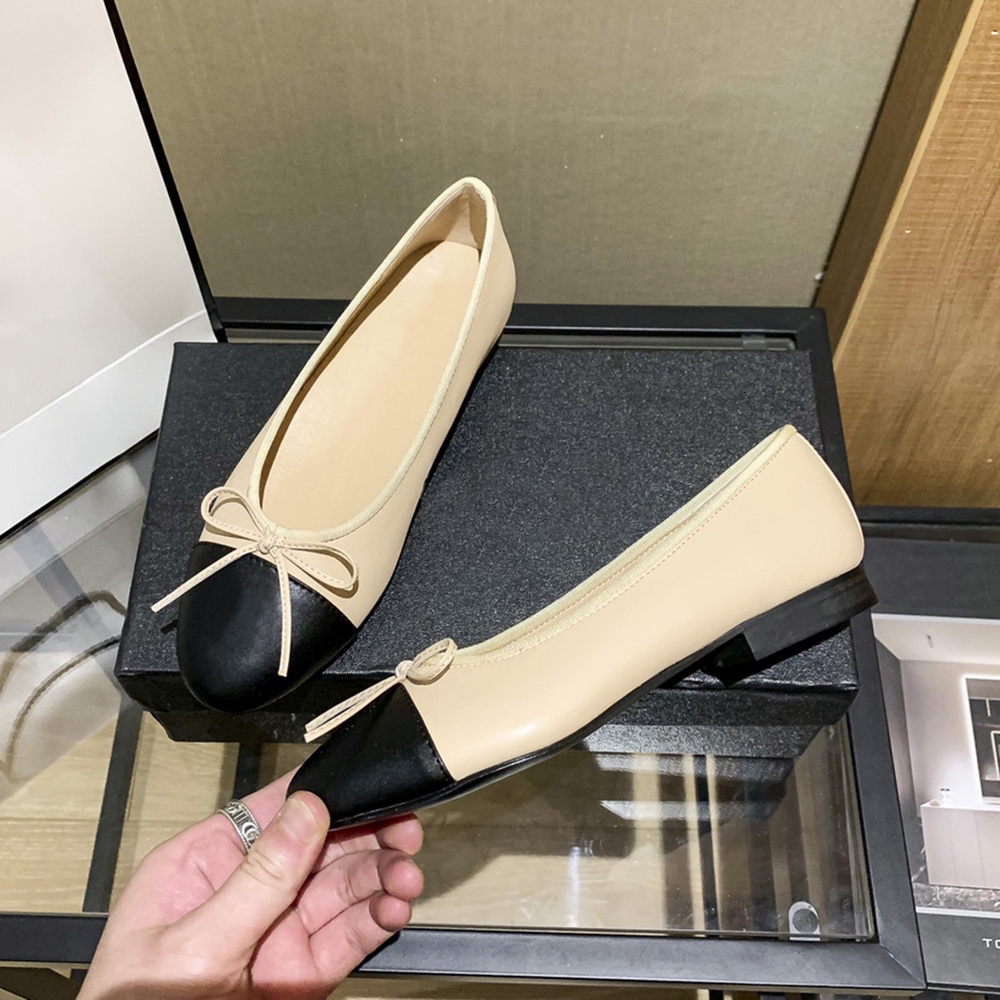 Luxury Dress Shoes Sandals Designer Ballet Flat Boat Shoe Womens Fashion Bowtie Chunky Heel Slingbacks Women Sandal French Apricot Sole