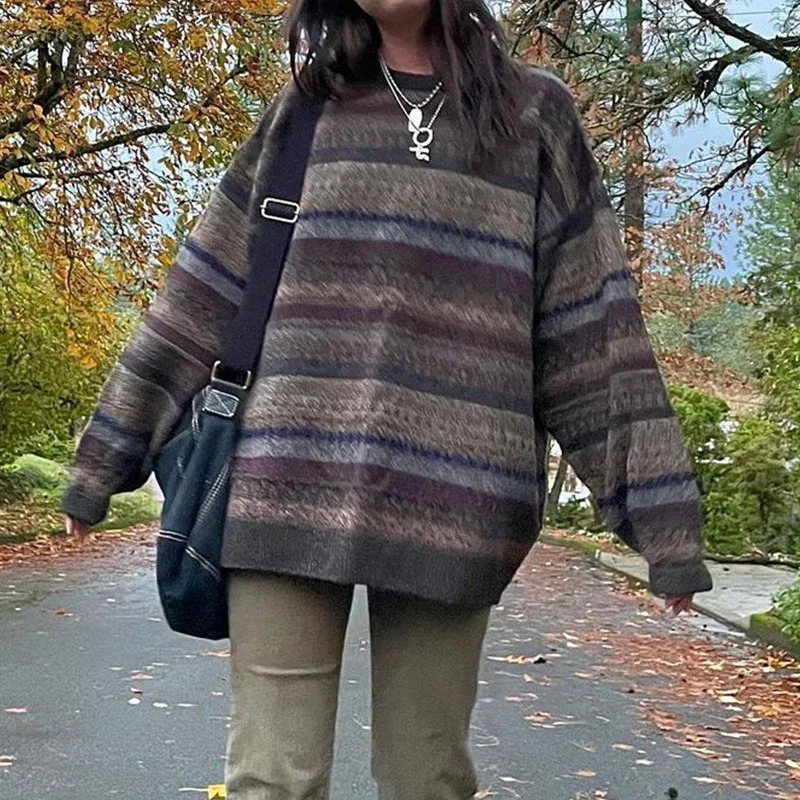 Preppy Grunge Retro Striped Knitted Sweater Autumn O Neck Full Sleeve Jumpers Fairycore Vintage Y2K Aesthetics Grandpa Pullovers 250109