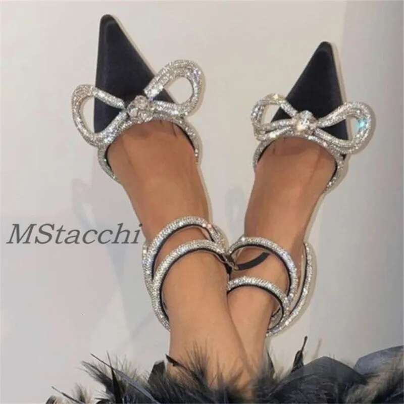 Glitter Rhies Women Pumps Crystal Bowknot Satin hot Sandals 2024 Summer Transparent High Heels Party Prom Designer Shoes
