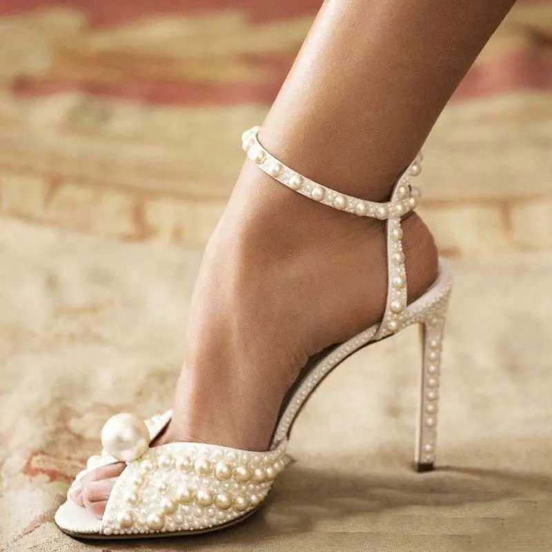 2024 New Luxury Famous High Heels Thin Heels Shallow Mouth Rhine Pearl Womens Single Shoes Wedding Dress Bridal ShoesXJ250116