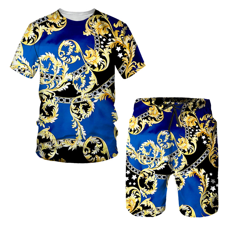 Cross-border Dunhuang men's leisure suit summer Golden lion modeling 3D printed men's T-shirt shorts two-piece set wholesale