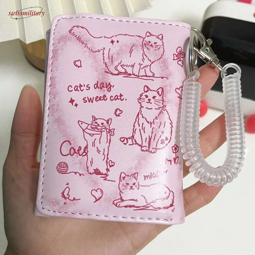 Portable Letter Printed Pink Cat Sewn Pendant PU Zero Wallet Waterproof Spring Rope Short Money Bag Shopping swissmilitary