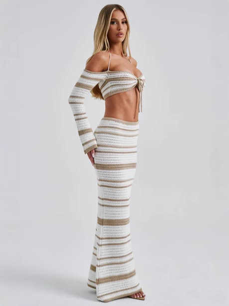 2025 new spice girls women's suit summer stripes long-sleeved halter top skirt two-piece set women Q250116