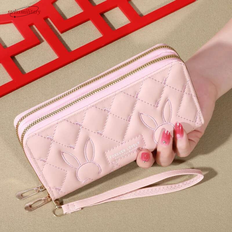 Trendy Solid Color Long Wallet, Double Zippers Clutch Coin Purse, Women's Faux Leather Card Holder With Wristband swissmilitary