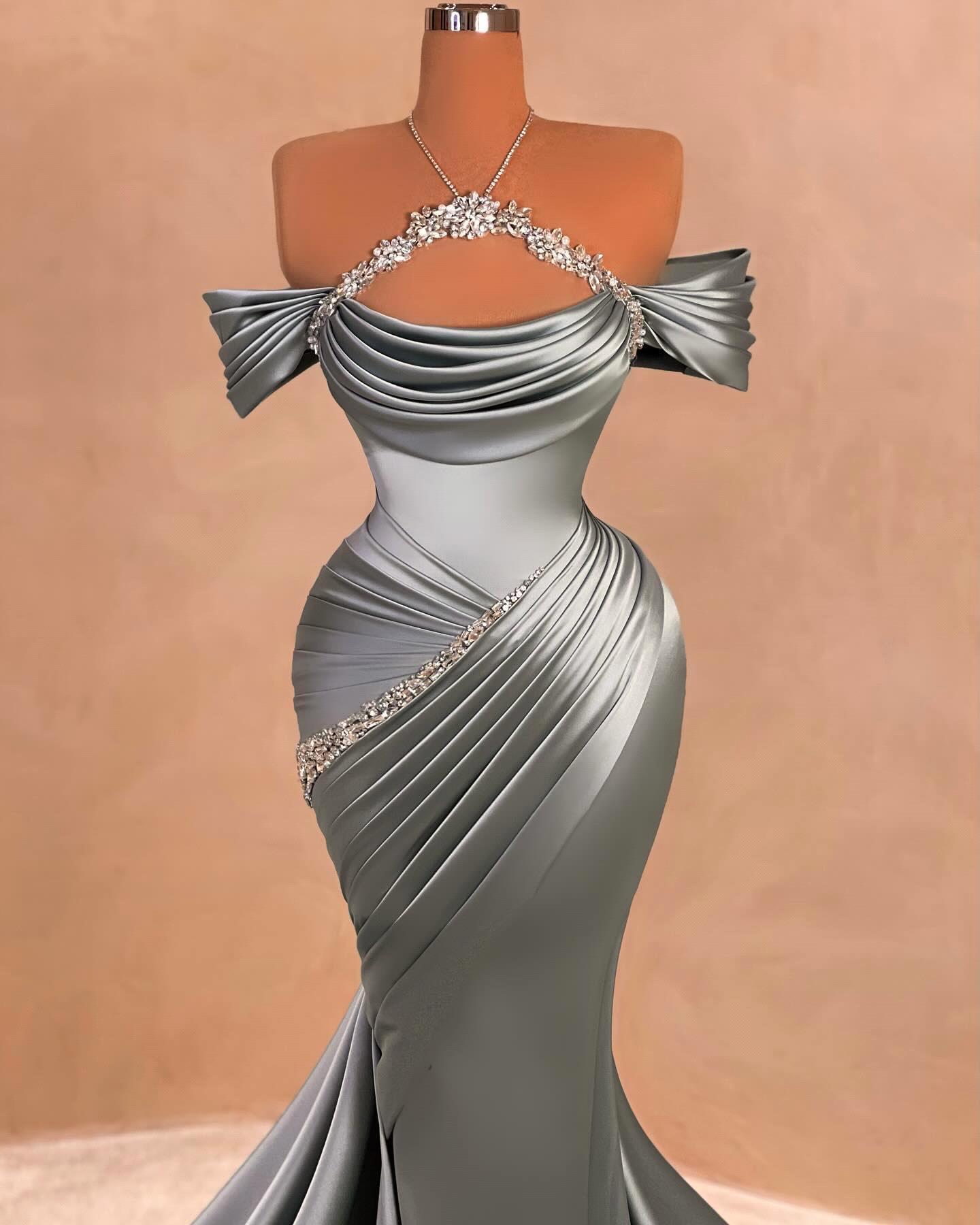 Gorgeous Gray Mermaid Prom Dresses Sexy Halter Nack Spaghetti Off Shoulder Pleats Long Women Occasion Party Evening Gowns Formal Vestidos BC19791 0116