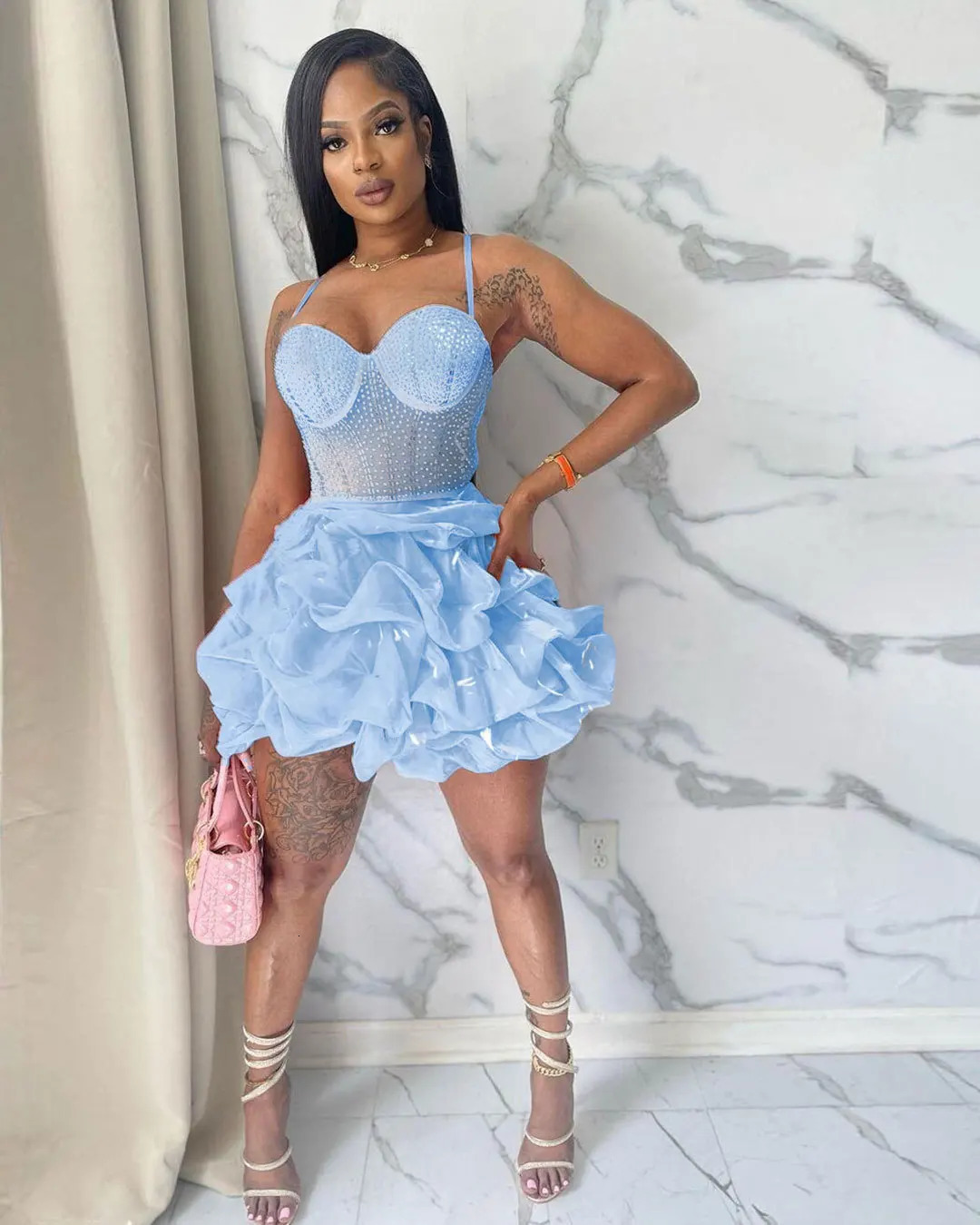 Womens Mesh Rhinestones Spaghetti Strap Bodycon Mini Cake Dress Sexy Sleeveless Night Club Party Birthday Ball Gown Dresses 250114