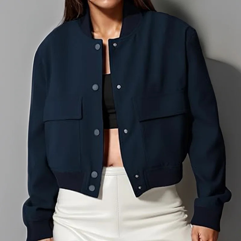 Solid Color Long Sleeve Womens Bomber Jacket Fashion Zipper Up Vintage Coat Tops Elegant Loose Basic Ladies Jackets 250113