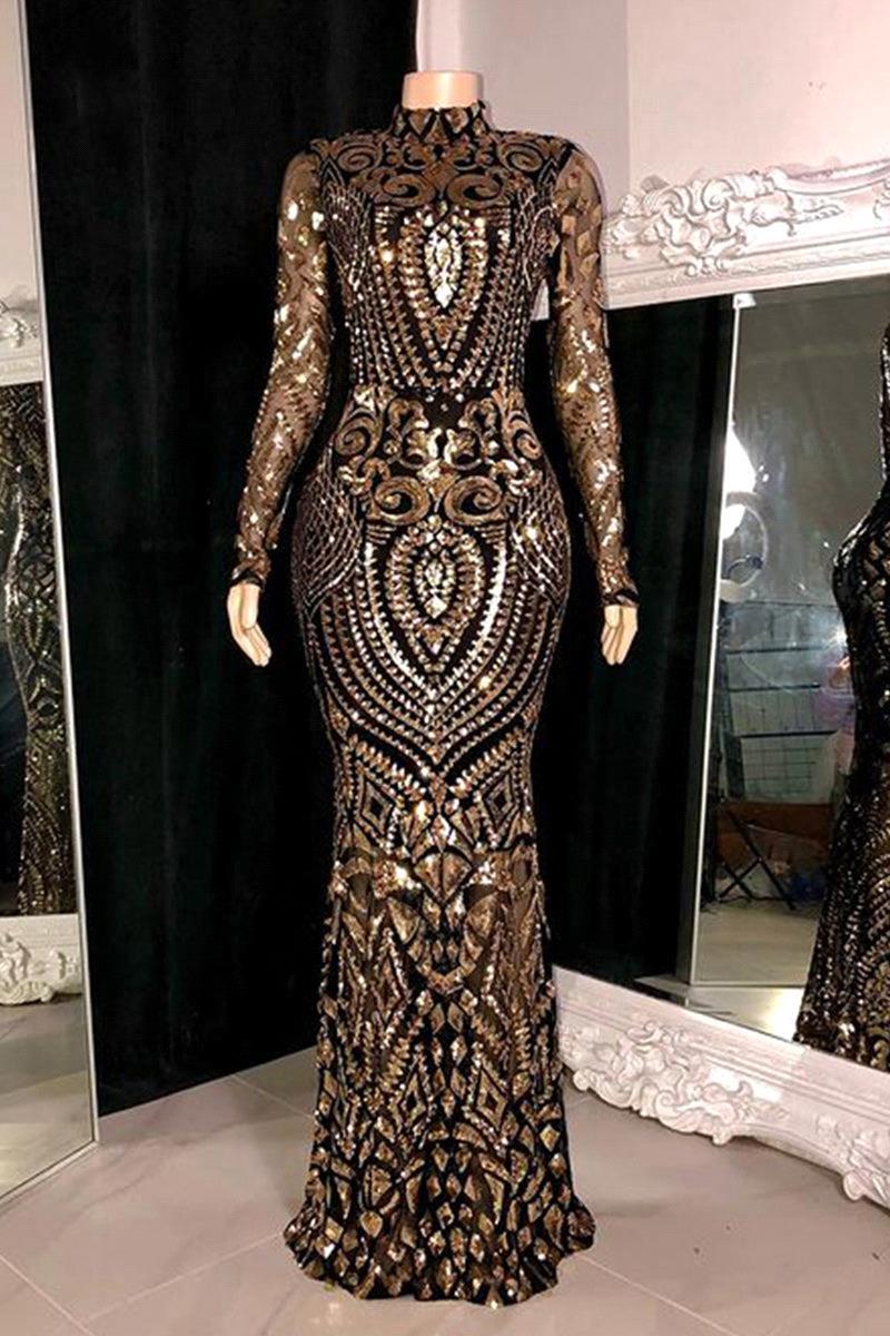 Vintage Black Gold Long Sleeves Lace Sequined Prom Dresses High Neck Mermaid Women Formal Evening Party Gowns Bc20008 B0313