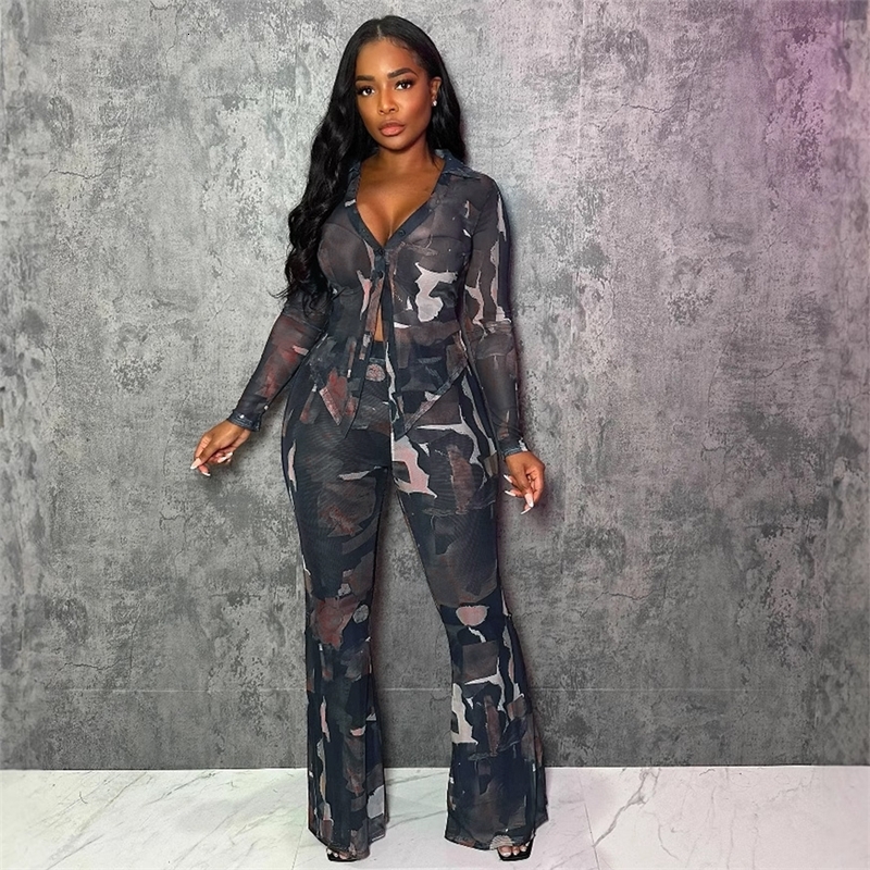 Women Tracksuits Two Pieces Set Designer 2025 New Fashion Sexy Single-layer Button Mesh Top Double-layer Micro Flared Pants Elastic Printed Mesh Set