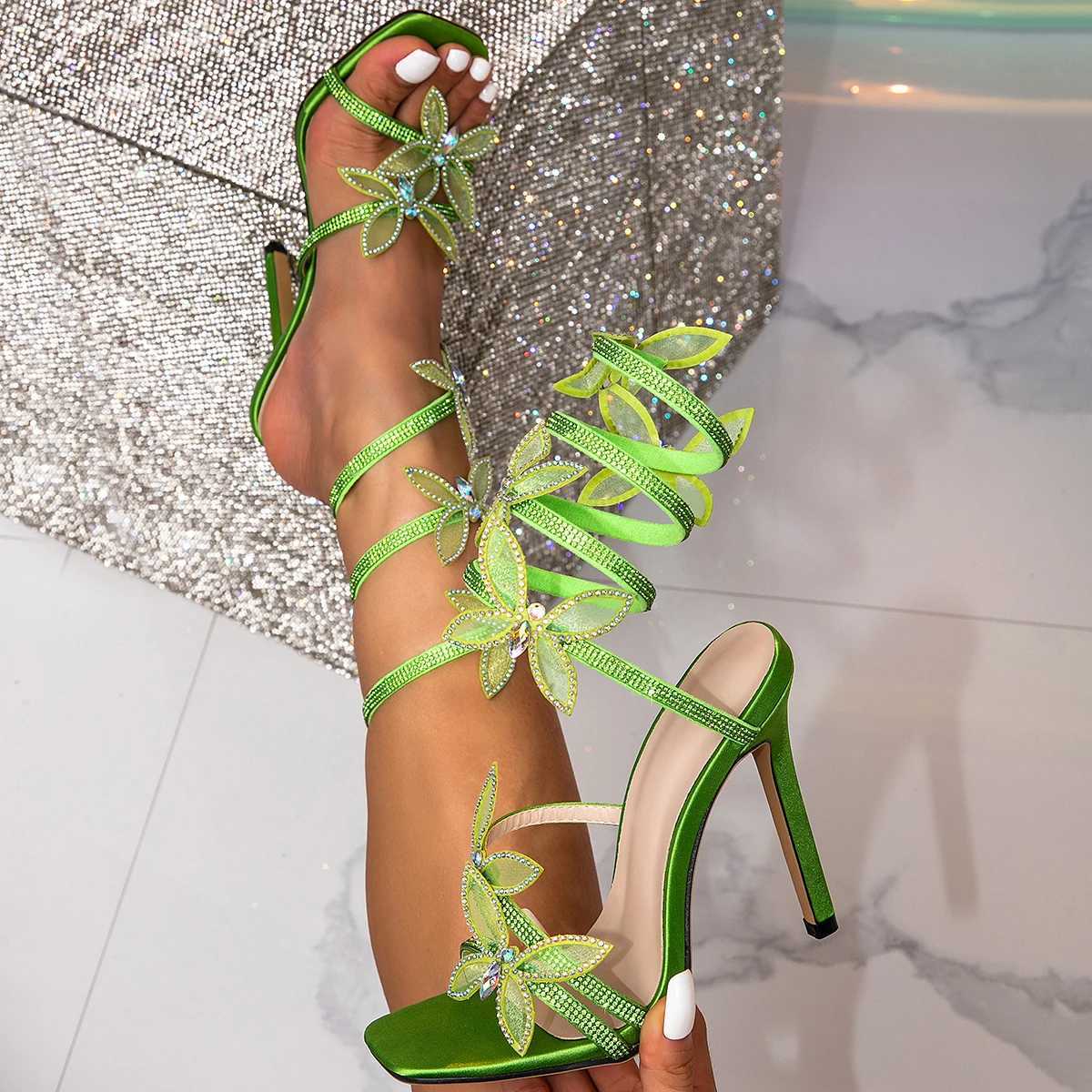 Equal Elegant Design Crystal Butterfly-knot Ankle Strap Woman Sandals Sexy Open Toe Thin High Heels Stripper Party Pumps ShoesXJ2500305