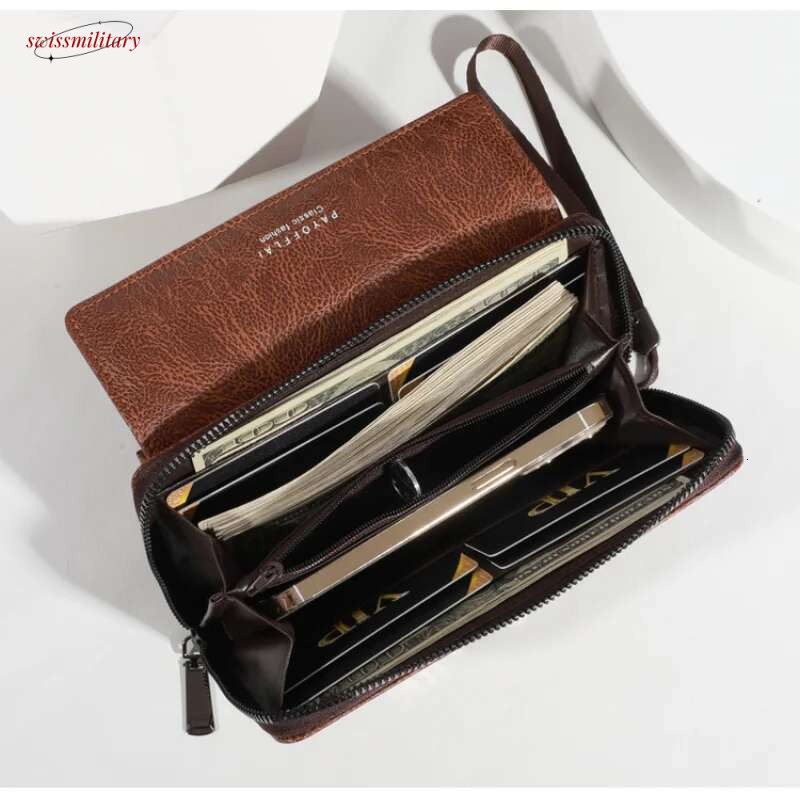Men's PU Zipper Handbag Large Capacity Long Clutch Phone Bag Multi Card Holder Coin Purse Wallet Double Layer swissmilitary