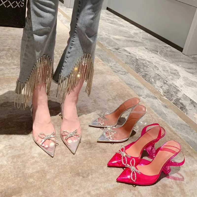 2025 Summer Pointed Crystal Fairy Womens Wind Sandals Rhine Bow Transparent High Heels Womens SandalsXJ2500305