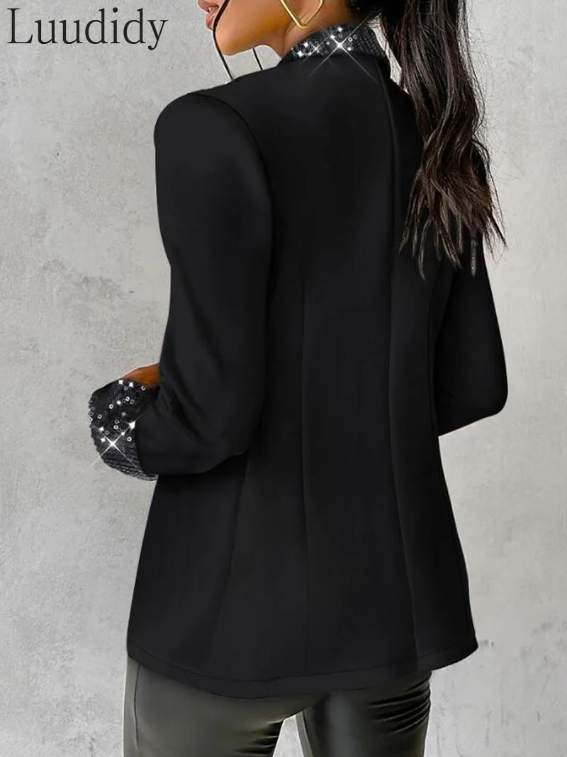 WomenS Elegant Casual Solid Color Long Sleeve Notched Collar Sequin Decor Blazer Coat 250115
