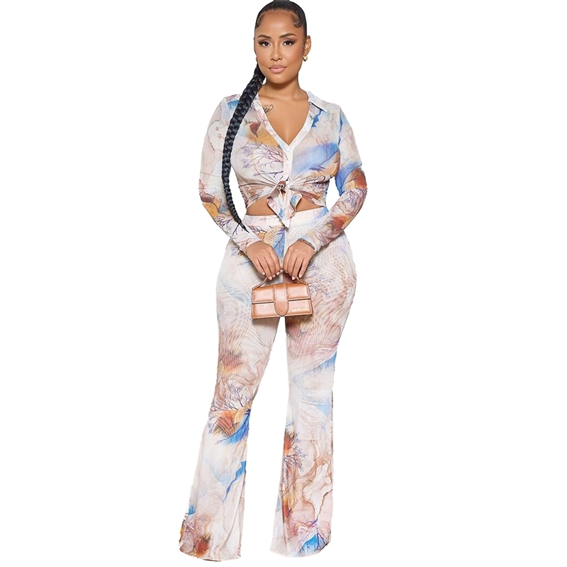 Women Tracksuits Two Pieces Set Designer 2025 New Fashion Sexy Single-layer Button Mesh Top Double-layer Micro Flared Pants Elastic Printed Mesh Set