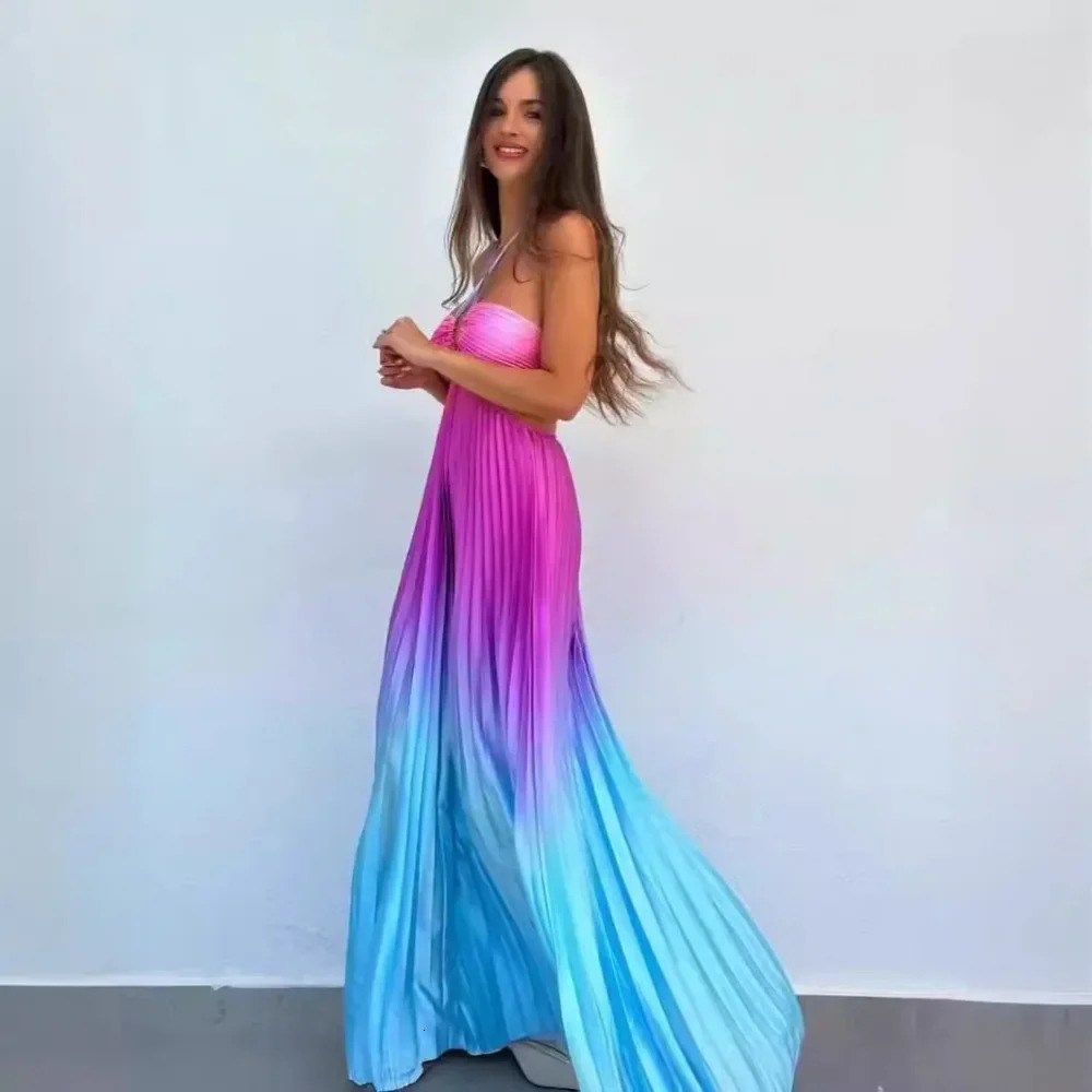 Fashion Gradient Holiday Dress Women Sexy Cut Out Backless Maxi Beach Dresses Summer Casual Loose Pleated Bohemia Outfits 2024 250113