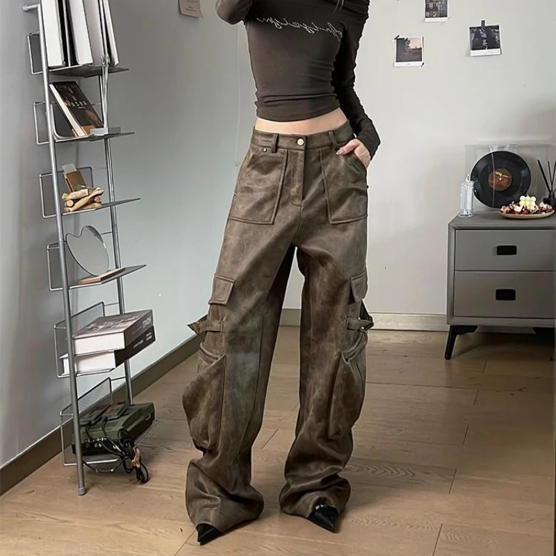 Deeptown Y2k Baggy Leather Cargo Pants Women America High Street Casual Trashy Wide Leg Trousers 2000s Harajuku Pantalones Z260314
