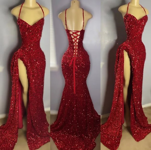 Red Sparkly Sequined African Girls Prom Dresses Halter Neck Backless Front Slit Beadings Tail Evening Gowns Vestidos De Graduacion Bc18190 0116 0212D